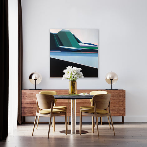 View From Trail blue and green geometric art in dining room by Shilo Ratner | original 40x40 minimalist mountain landscape painting