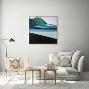 View From Trail geometric mountain art in modern living room by Connecticut artist Shilo Ratner | original 40x40 minimalist trail landscape painting