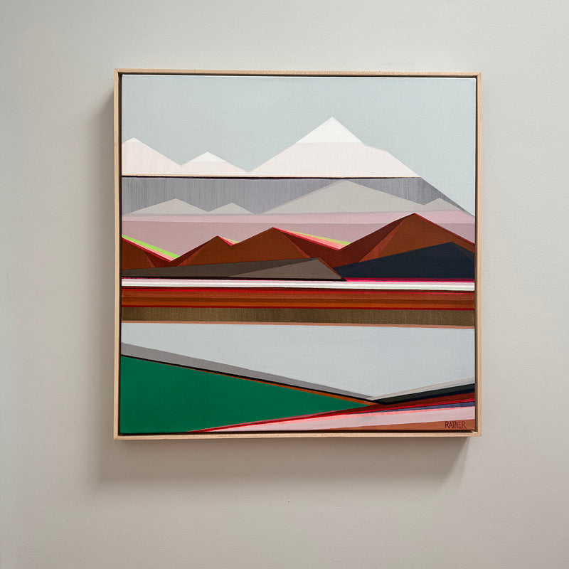 Vista - original 30x30 geometric abstract mountain landscape painting by Connecticut artist Shilo Ratner | muted grey and green contemporary art