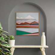Vista geometric abstract art on dark wall by New Haven artist Shilo Ratner | original 30x30 mountain landscape painting