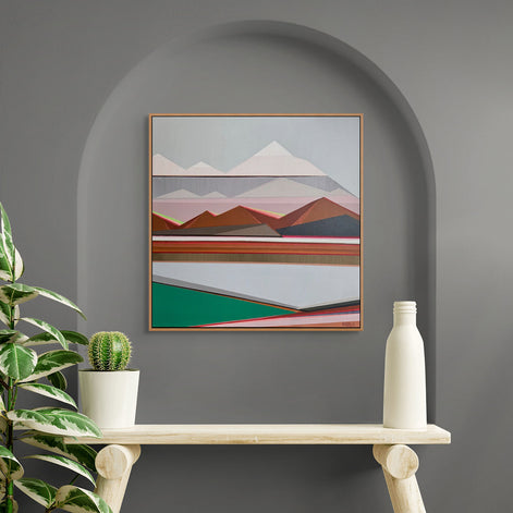 Vista geometric abstract art on dark wall by New Haven artist Shilo Ratner | original 30x30 mountain landscape painting